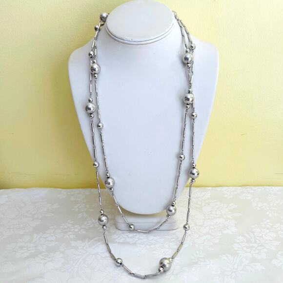 Vintage Silver Tone Bead Ball Link Long / Layered Chain Necklace, Sphere Fashion - Picture 1 of 12